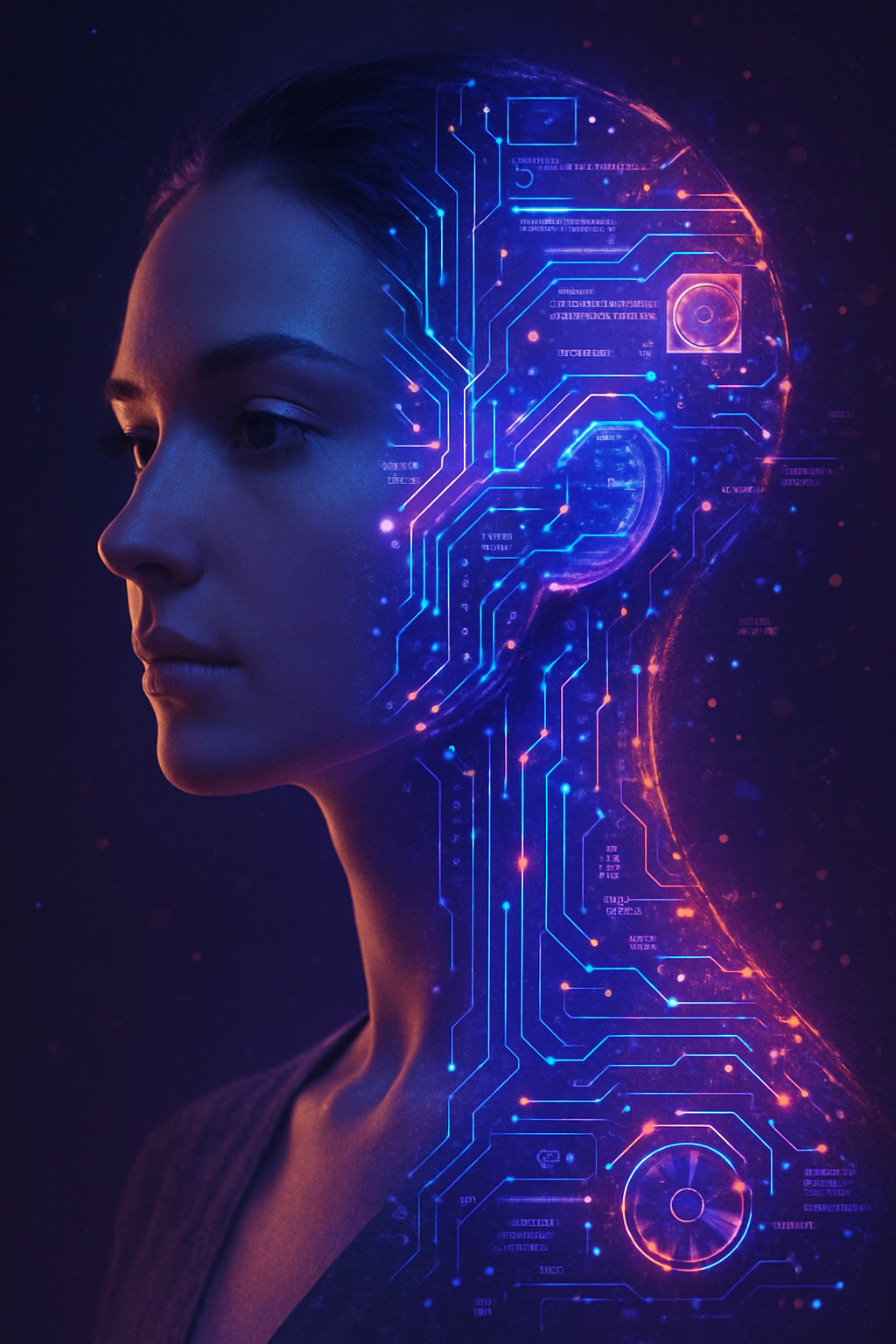 Portrait en double exposition, mêlant un profil humain à des éléments technologiques lumineux, représentant la fusion entre créativité humaine et automatisation digitale.